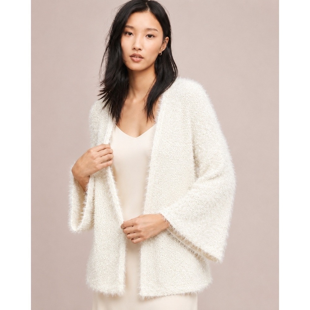 Sleeping on Snow Anthropologie Ivory Eyelash Knit Bell Sleeve Cardigan Bridal OS